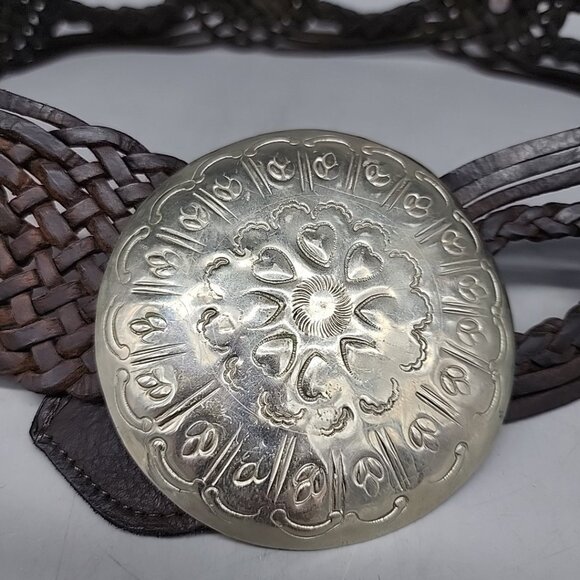 Vintage Moroccan Braided Leather Belt Large Metal Buckle Hammered Boho Gypsy